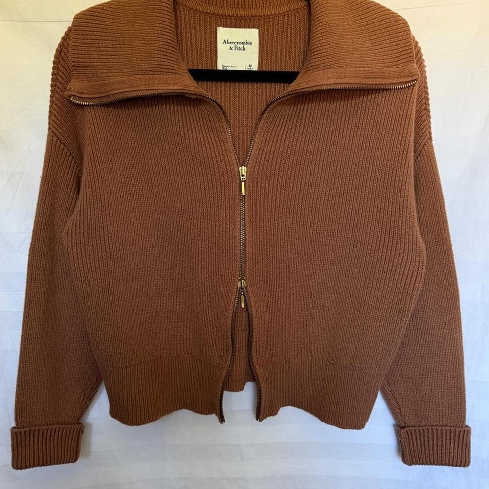 Abercrombie & Fitch brown ribbed knit zip up sweater size medium